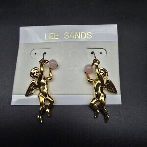 Lee Sands Angel Earrings Gold Tone Pink Orb Charm Vintage 1980s